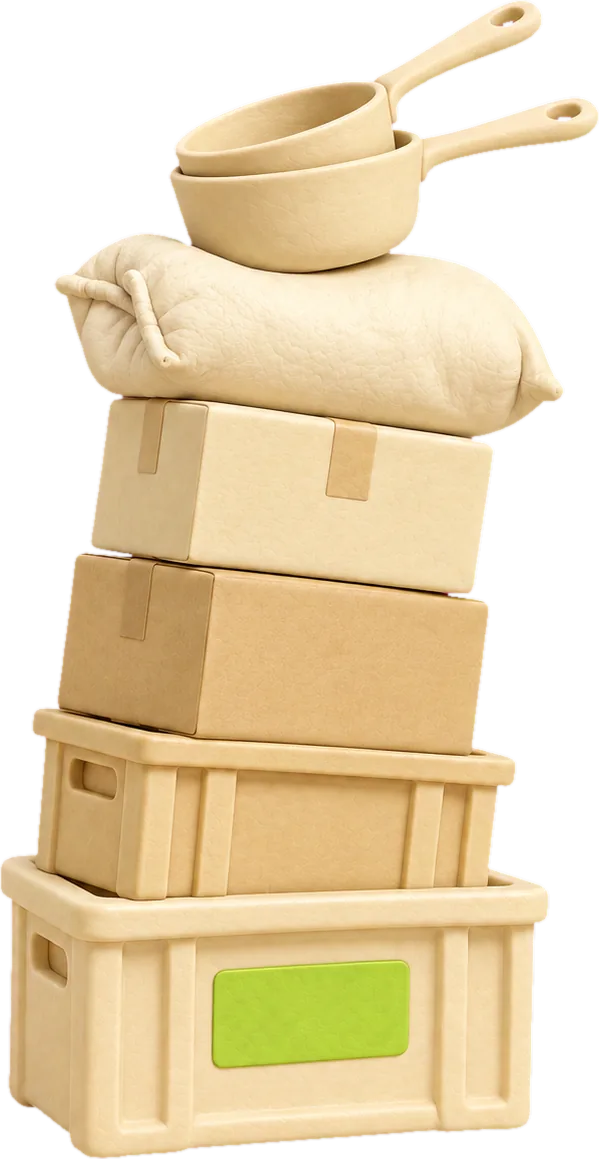 Une pile trop haute, qui penche : deux caisses, deux cartons, un sac de farine et deux casseroles.