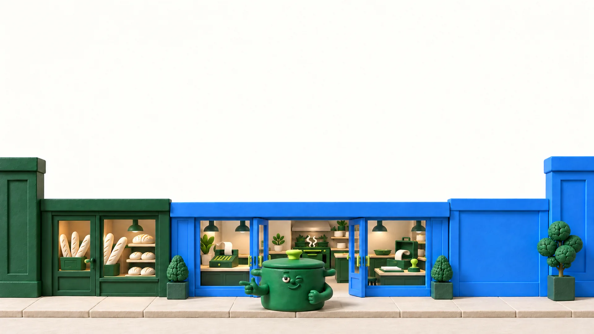 Le restaurant vu de la rue, façade bleue, la cocotte devant la porte.