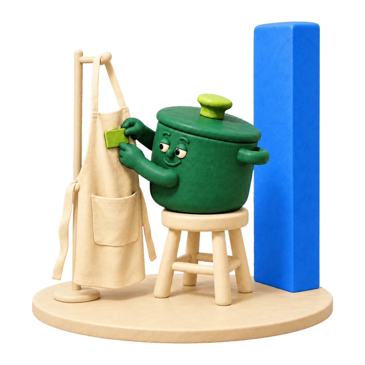 La cocotte, montée sur un tabouret et tournée vers la gauche, pose un badge vert vif sur un tablier pendu à un portemanteau ; derrière elle, un pilier bleu.