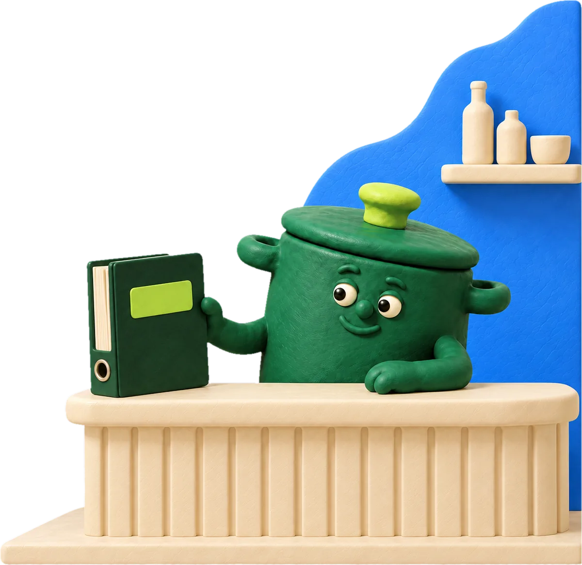 La cocotte, accoudée au comptoir, présente un classeur vert à l’étiquette vert vif. Derrière elle, un mur bleu et une étagère.